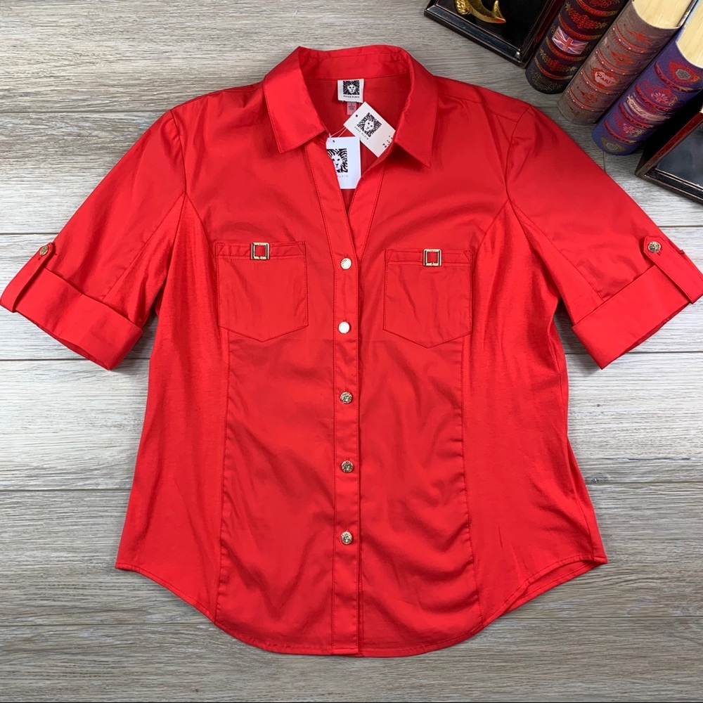 Anne Klein Red Button-Front Short Sleeve Blouse